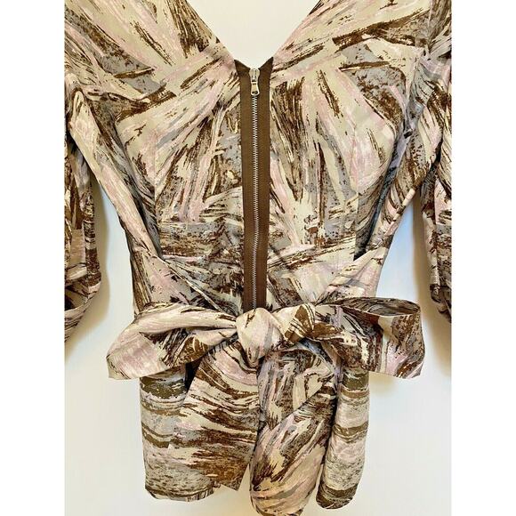 BCBG MaxAzria Silk Top Tan Prairie Tieback Print S - Picture 3 of 7